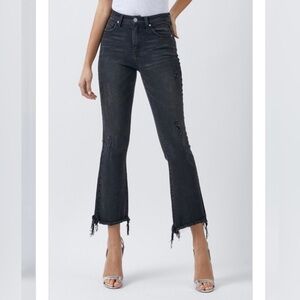 Risen Wide Ankle Flare Jeans Black 38”x28” Mid Rise‎ Distressed Raw Hem Stretch